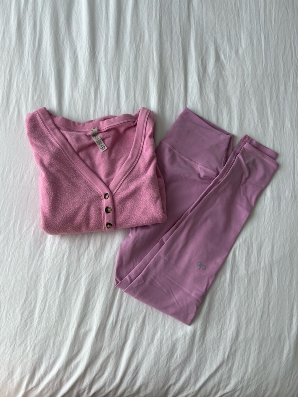 Alo Yoga Pink Button V-Neck Sweater & Leggings Set